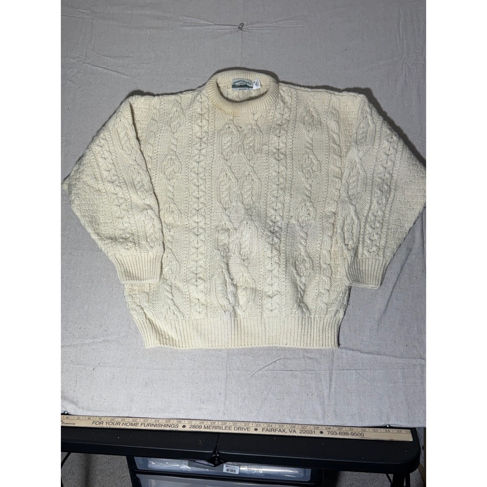 Aran Crafts Ireland 100% Wool Cable Knit Sweater Cream XL Mens Vintage
